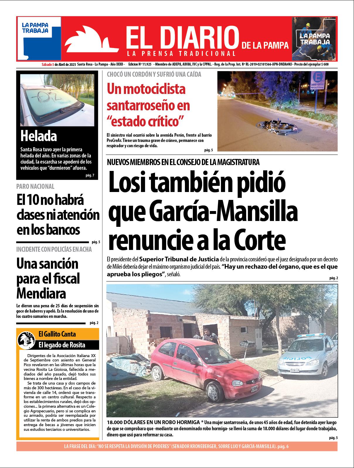 Tapa de El Diario en papel  saacutebado 05 de abril de 2025